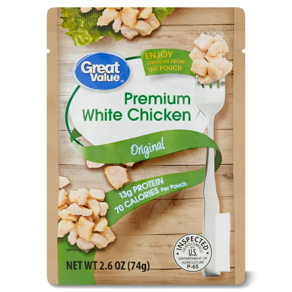 Great Value Premium White Chicken, Shelf-Stable, Fully Cooked, Ready to Eat, 2.6 oz Pouch