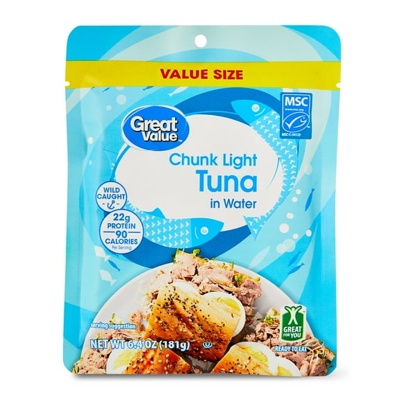 Great Value Premium Wild Caught Chunk Light Tuna in Water, 6.4 oz, Pouch