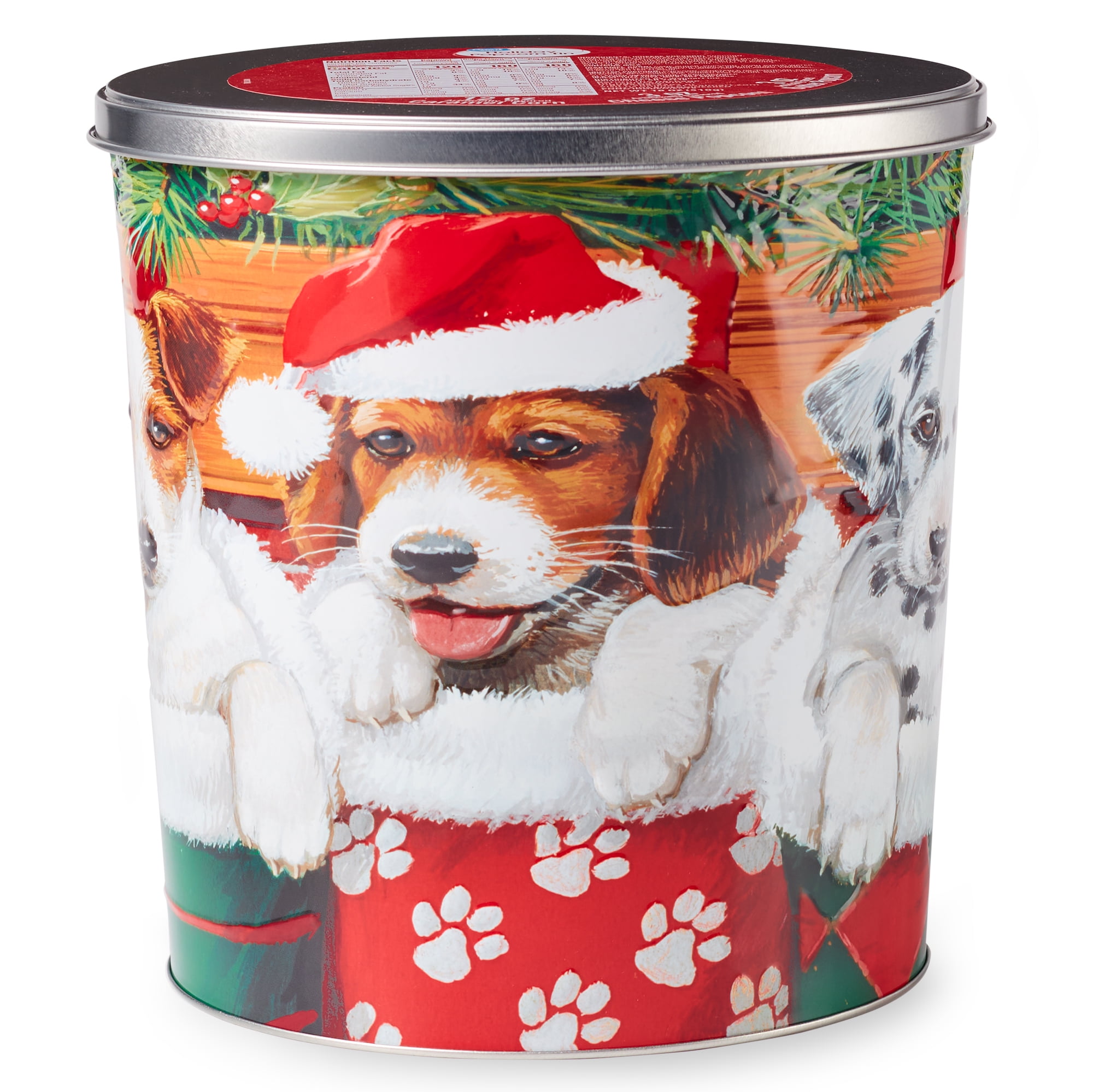 Great Value Puppies in Fireplace Stockings Popcorn Tin