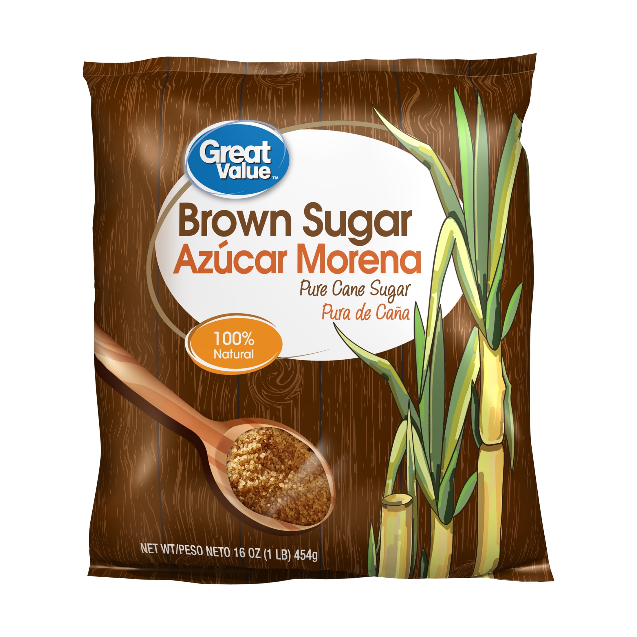 Great Value, Pure Natural Cane Brown Sugar, 16oz (1lb) 454g, Plastic Bag, No Additives and Preservatives