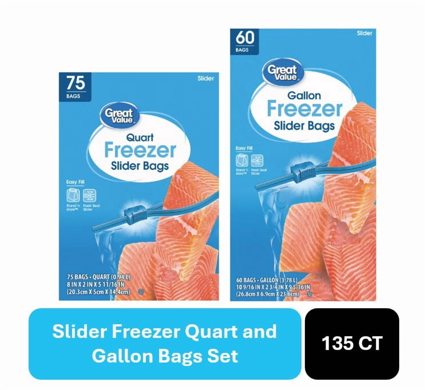 Great Value Quart and Gallon Freezer Slider Bags Bundle, 135 Total Bags
