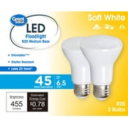 Great Value R20 LED Floodlight Bulb, 6.5 Watts (45W Replacement) Soft White Dimmable E26 Base, 2 Pack