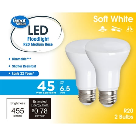 Great Value R20 LED Floodlight Bulb, 6.5 Watts (45W Replacement) Soft White Dimmable E26 Base, 2 Pack