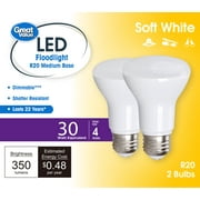 Great Value R20 LED Indoor Floodlight Bulb, 4-Watt (30W Equiv) E26 Medium Base, Soft White, 2PK CA