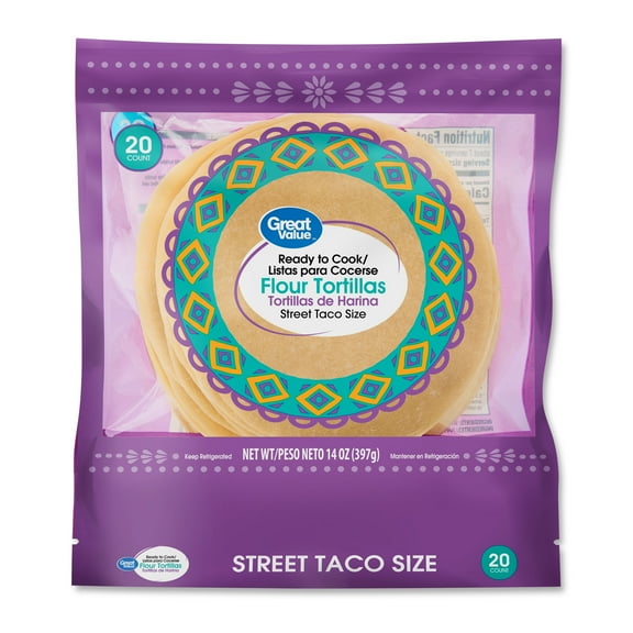 Great Value Ready to Cook Street Taco Size Flour Tortillas, 14 oz, 20 Count