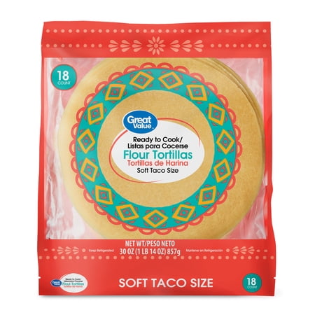 Great Value Ready to Cook Soft Taco Size Flour Tortillas, 30 oz, 18 Count