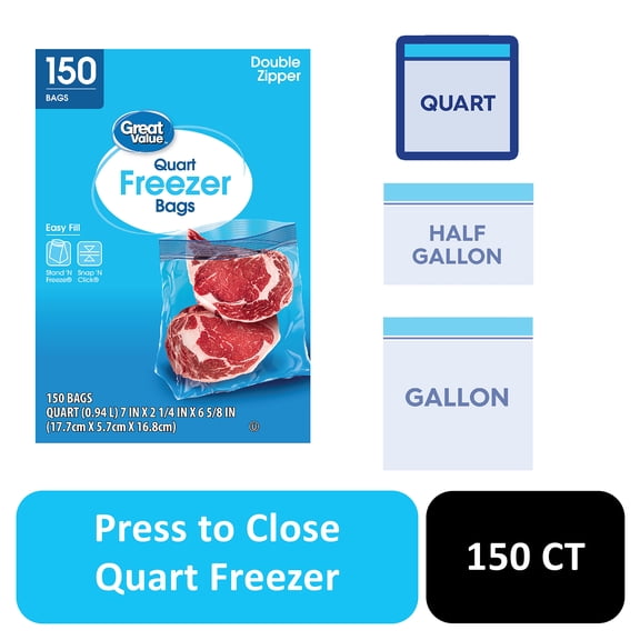 Great Value Quart Freezer Bags with Double Zipper Seal, 150 Count