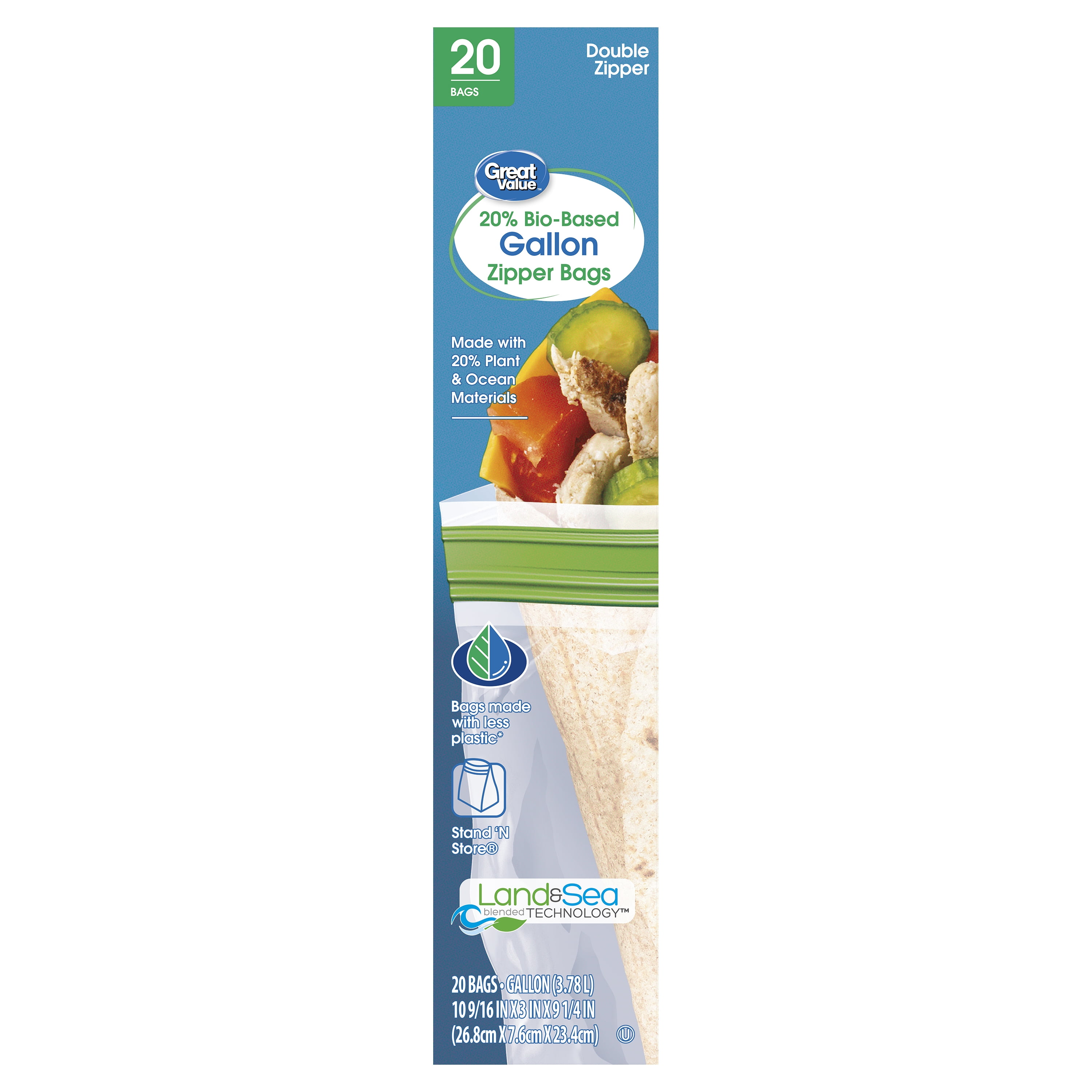 パッは  GS203  20個 Great Value Reclosable Gallon Bags, Made with Bio-Based Materials