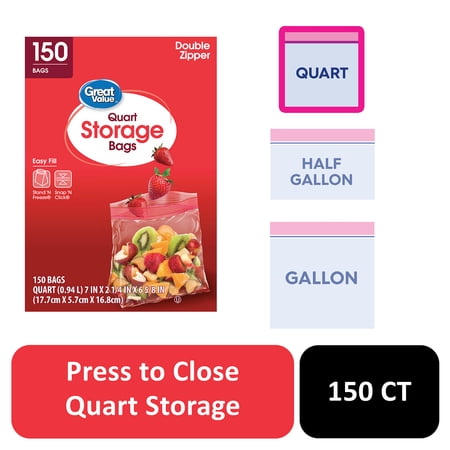 Great Value Quart Storage Bags with Fresh Seal Double Zipper, 150 Count