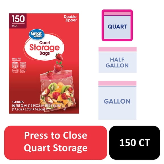 Great Value Quart Storage Bags with Fresh Seal Double Zipper, 150 Count