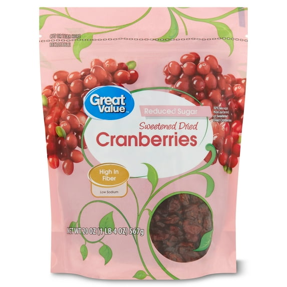 Great Value Reduced Sugar Sweetened Dried Cranberries, Dried Fruit Snacks, 20 oz