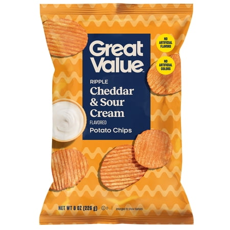 Great Value Rippled Cheddar & Sour Cream Potato Chips, 8 oz Bag