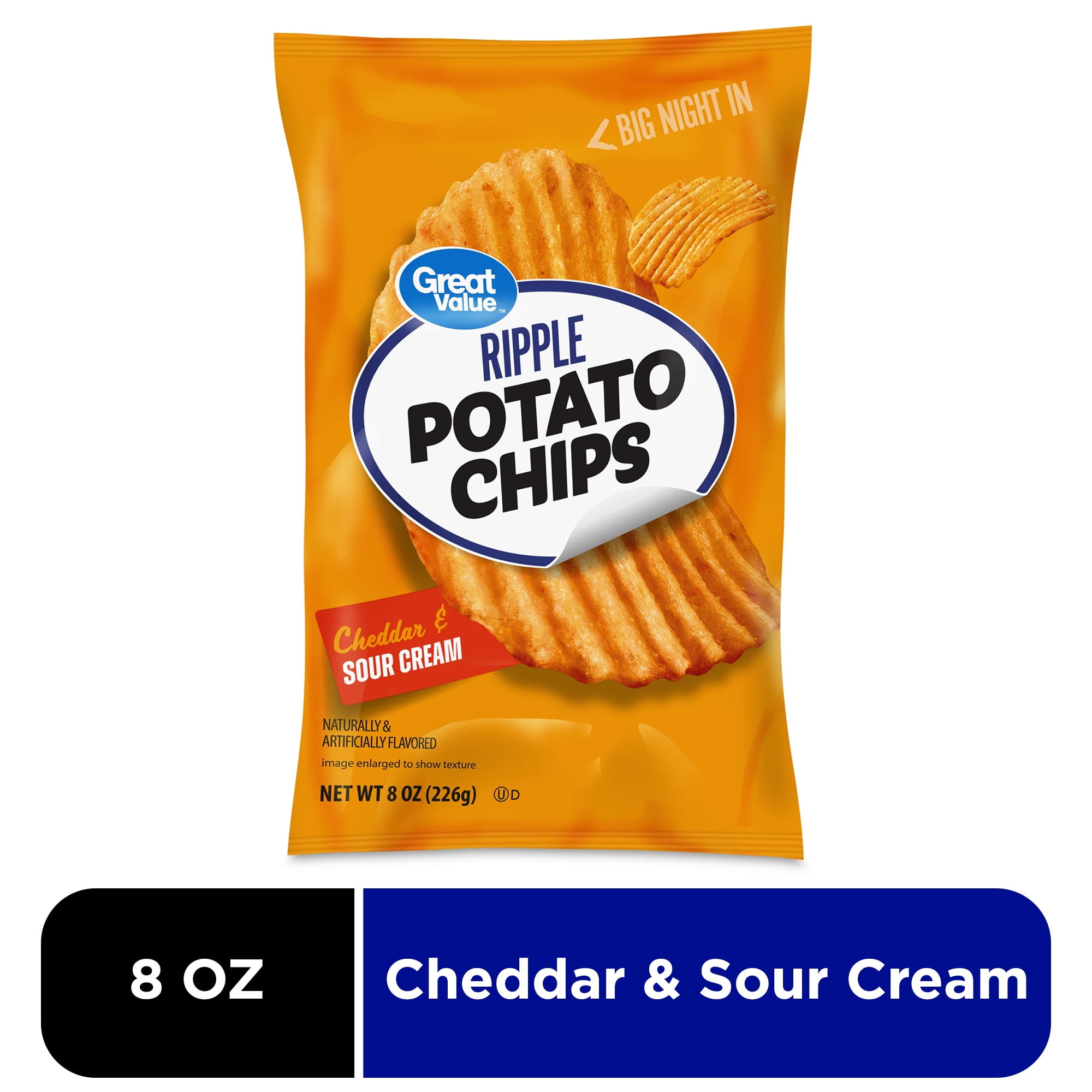 Great Value Rippled Cheddar & Sour Cream Potato Chips, 8 oz Bag