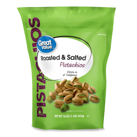 Great Value Roasted & Salted Pistachios, 16 oz Resealable Bag