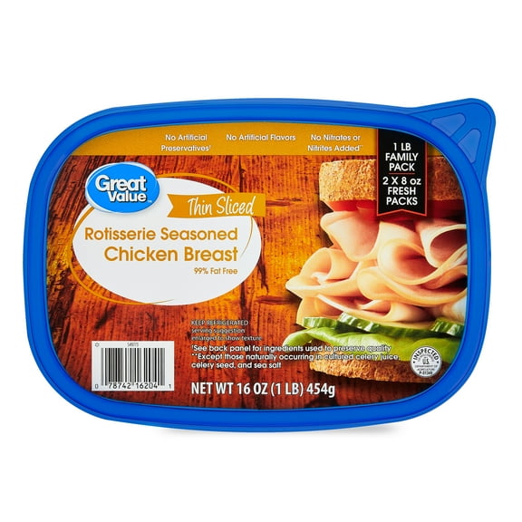 Great Value Rotisserie Chicken Lunchmeat, 16 oz Plastic Tub, 10 g of Protein per 2 oz Serving