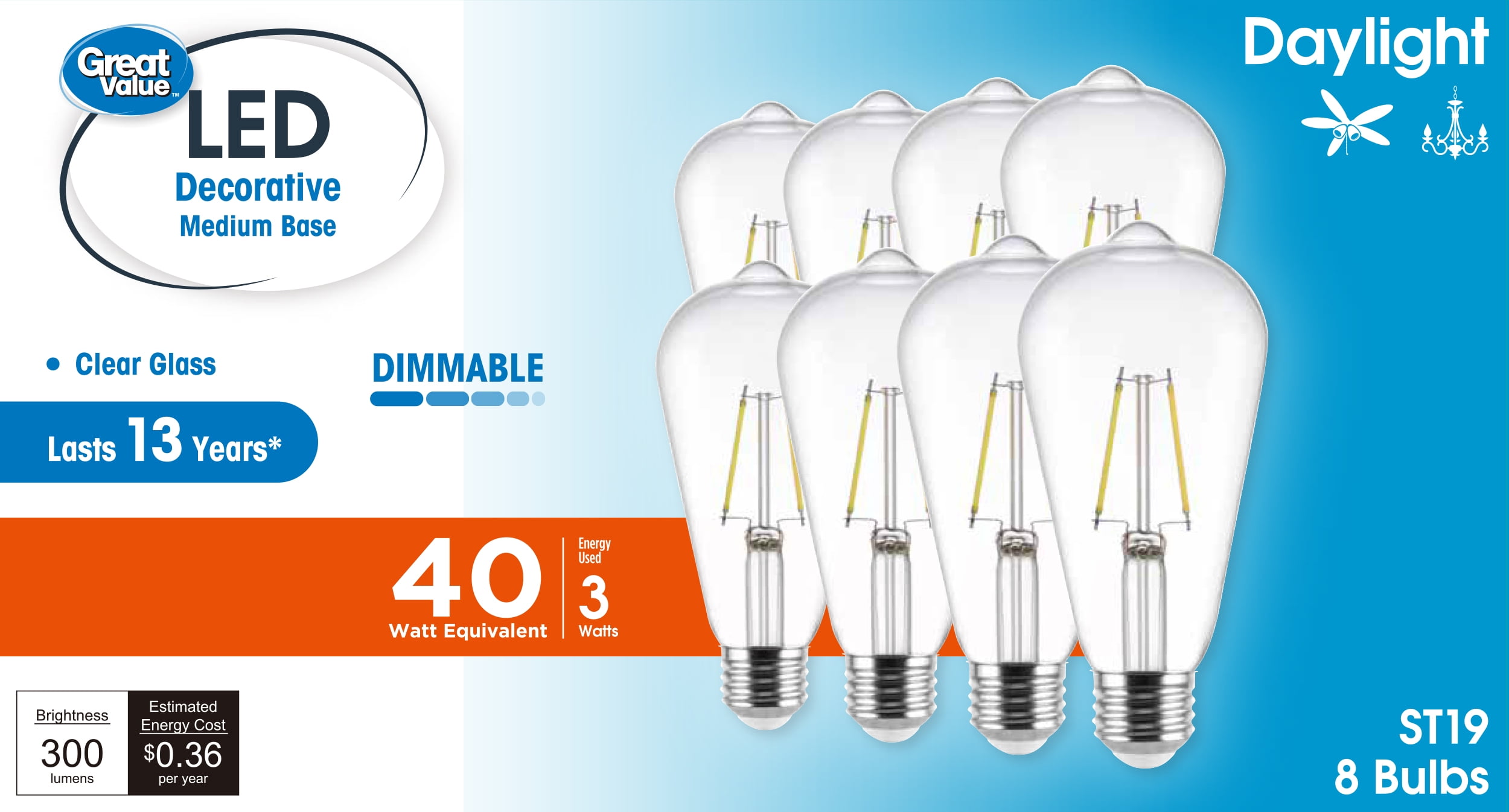Great Value ST19 Vintage LED Light Bulb, 3 W (40 W Equivalent), Daylight, Dimmable, E26 Medium Base, 8 Pack