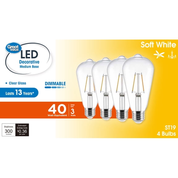 Great Value ST19 Vintage LED Light Bulb, 3-Watt (40W Equivalent), Soft White, Dimmable, E26, 4 Pack