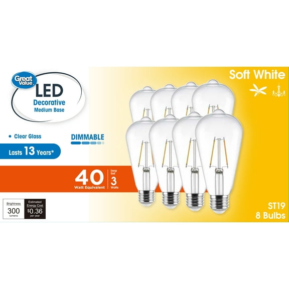 Great Value ST19 Vintage LED Light Bulb, 3-Watt (40W Equivalent), Soft White, Dimmable, E26, 8 Pack