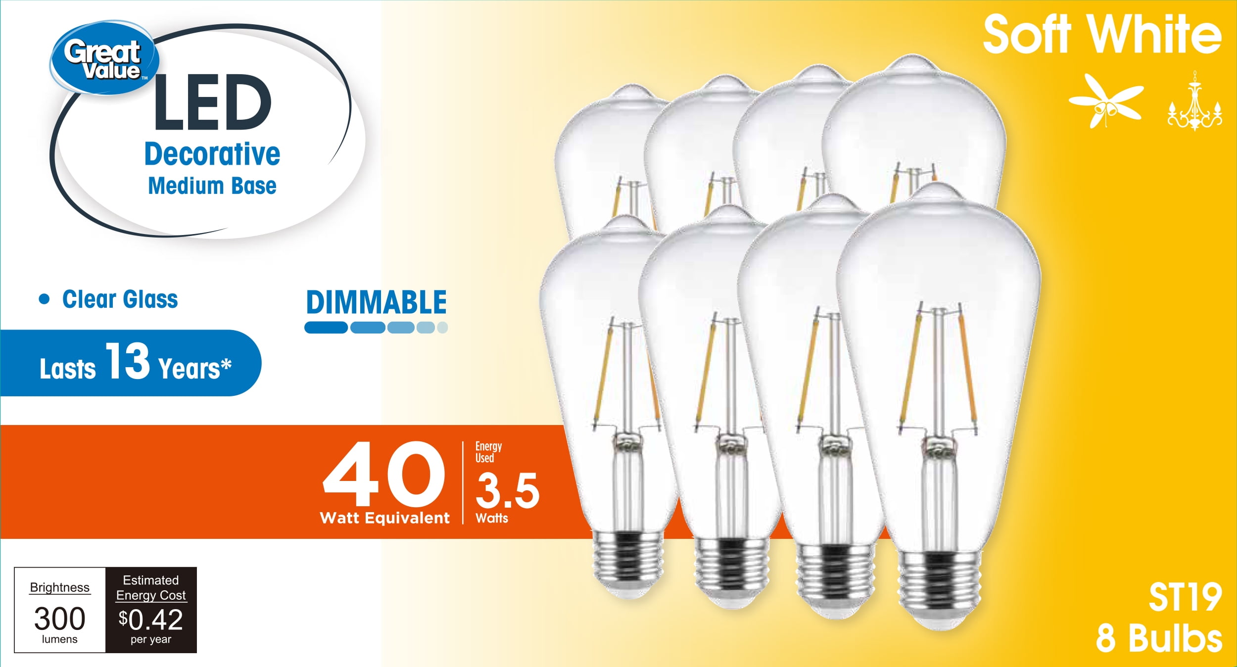 Great Value ST19 Vintage LED Light Bulb, 3.5-Watt (40W Equivalent), Soft White, Dimmable, E26, 8 Pack