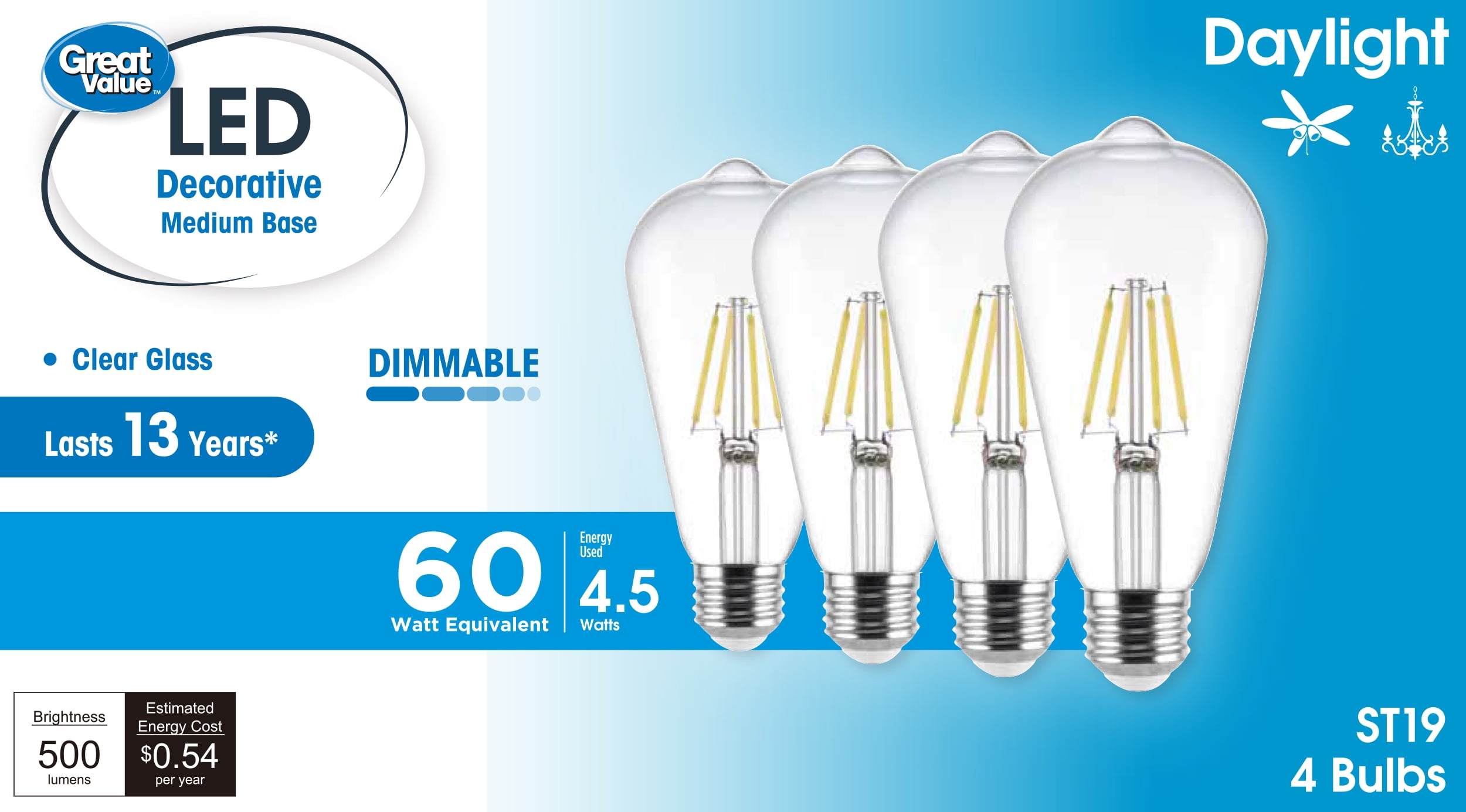 Great Value ST19 Vintage LED Light Bulb, 4.5-Watt (60W Equivalent), Daylight, Dimmable, E26, 4 Pack