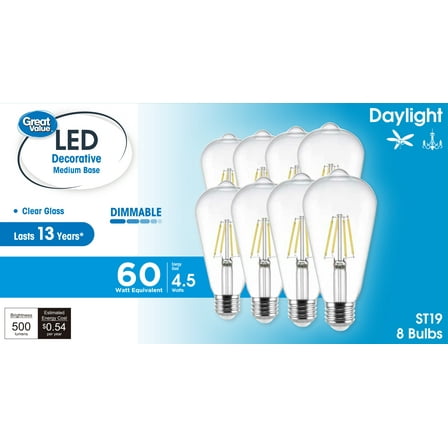 Great Value ST19 Vintage LED Light Bulb, 4.5-Watt (60W Equivalent), Daylight, Dimmable, E26, 8 Pack