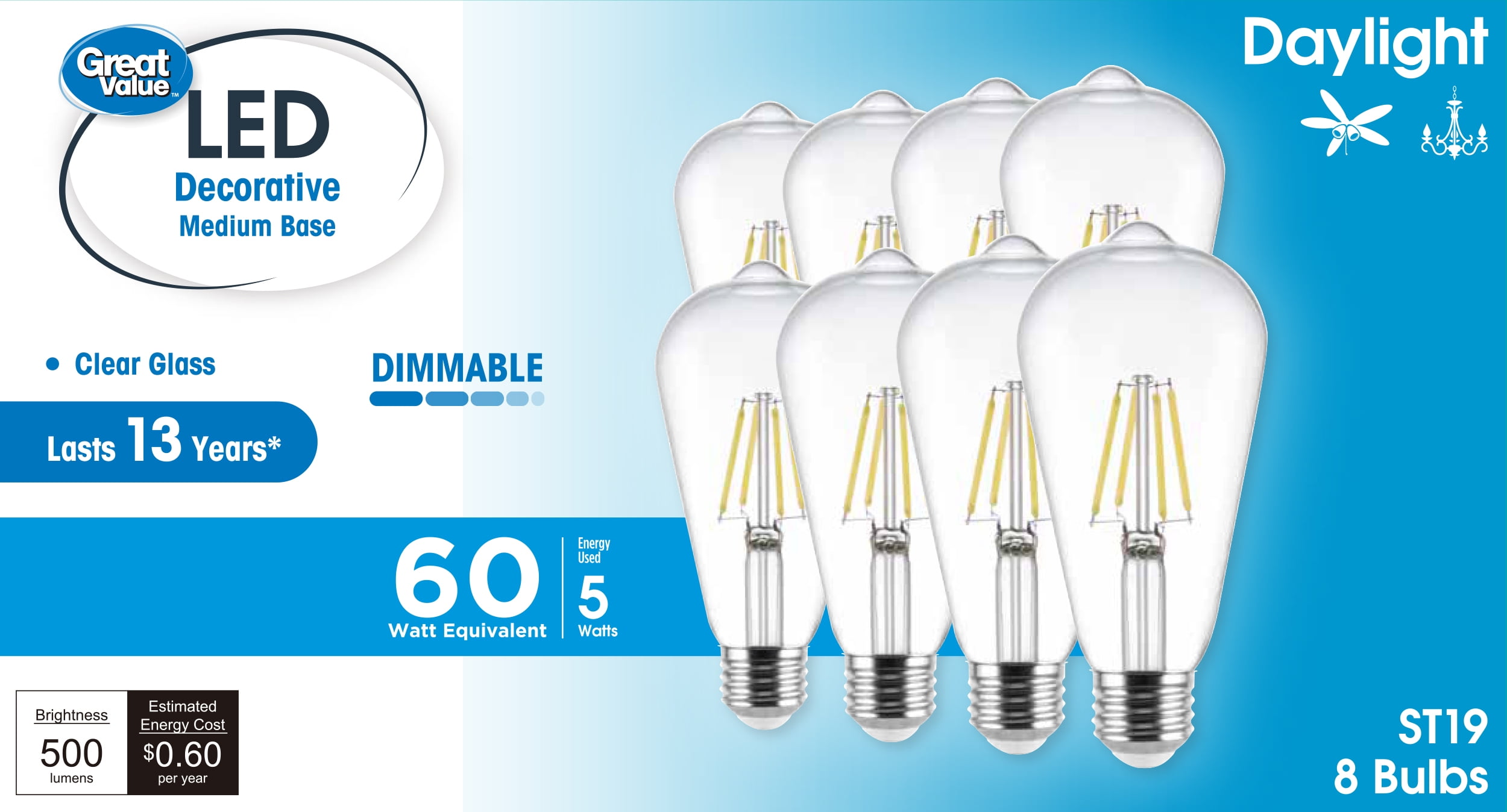 Great Value ST19 Vintage LED Light Bulb, 5-Watt (60W Equivalent), Daylight, Dimmable, E26, 8 Pack