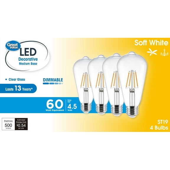 Great Value ST19 Vintage LED Light Bulb, 4.5-Watt (60W Equivalent), Soft White, Dimmable, E26, 4 Pack
