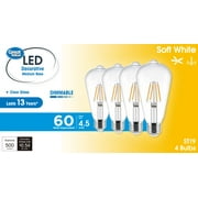 Great Value ST19 Vintage LED Light Bulb, 4.5W 60W Equivalent, Soft White, Dimmable, E26 Medium Base, 4 Pack
