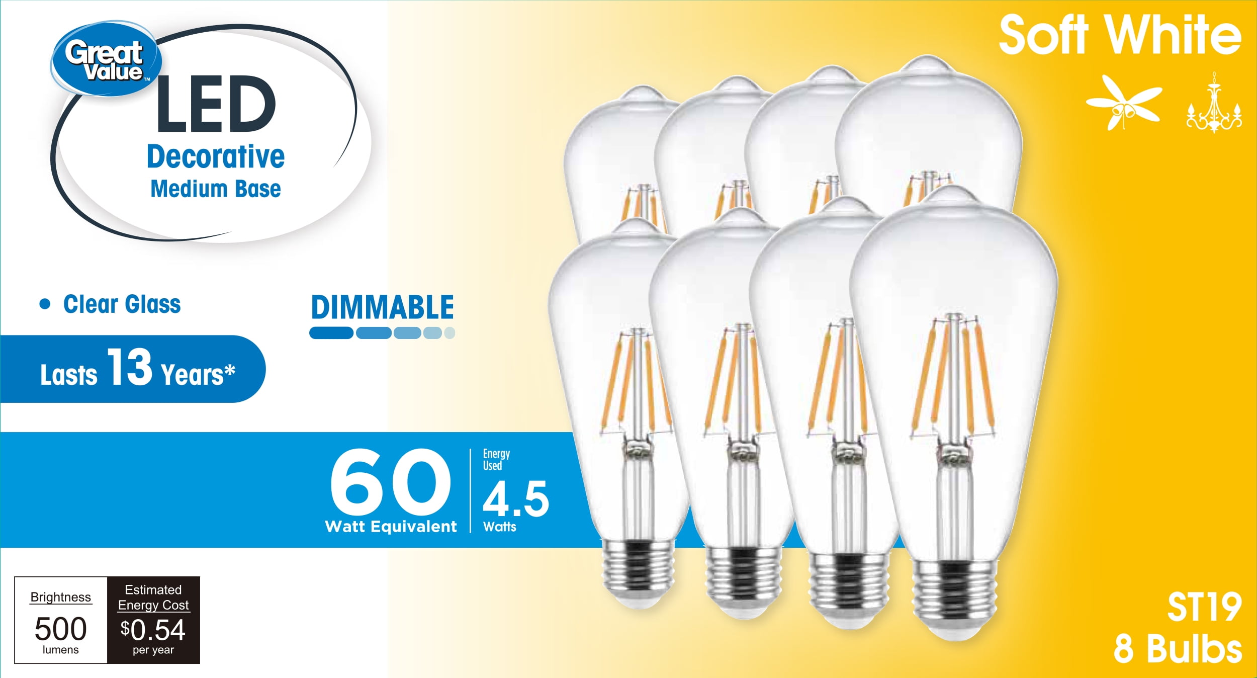 Great Value ST19 Vintage LED Light Bulb, 4.5W (60W Equivalent), Soft White, Dimmable, E26 Medium Base, 8 Pack
