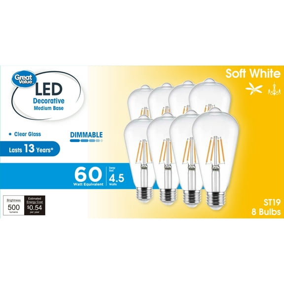 Great Value ST19 Vintage LED Light Bulb, 4.5-Watt (60W Equivalent), Soft White, Dimmable, E26, 8 Pack
