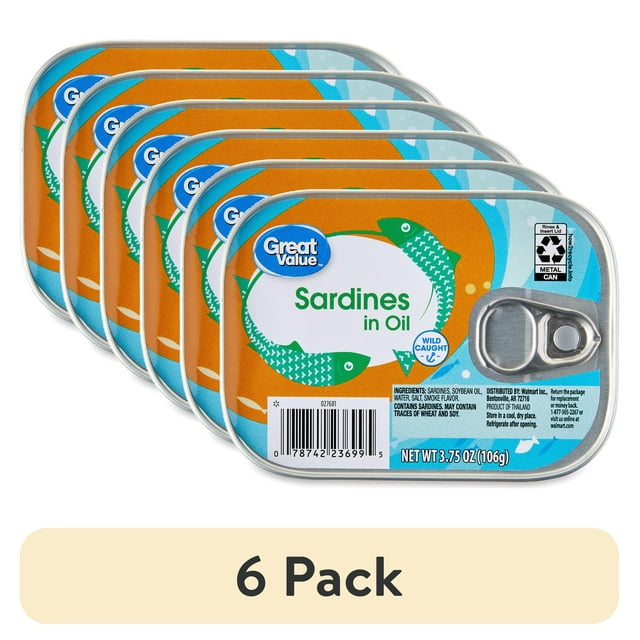 (6 pack) Great Value Sardines in Oil, 3.75 oz