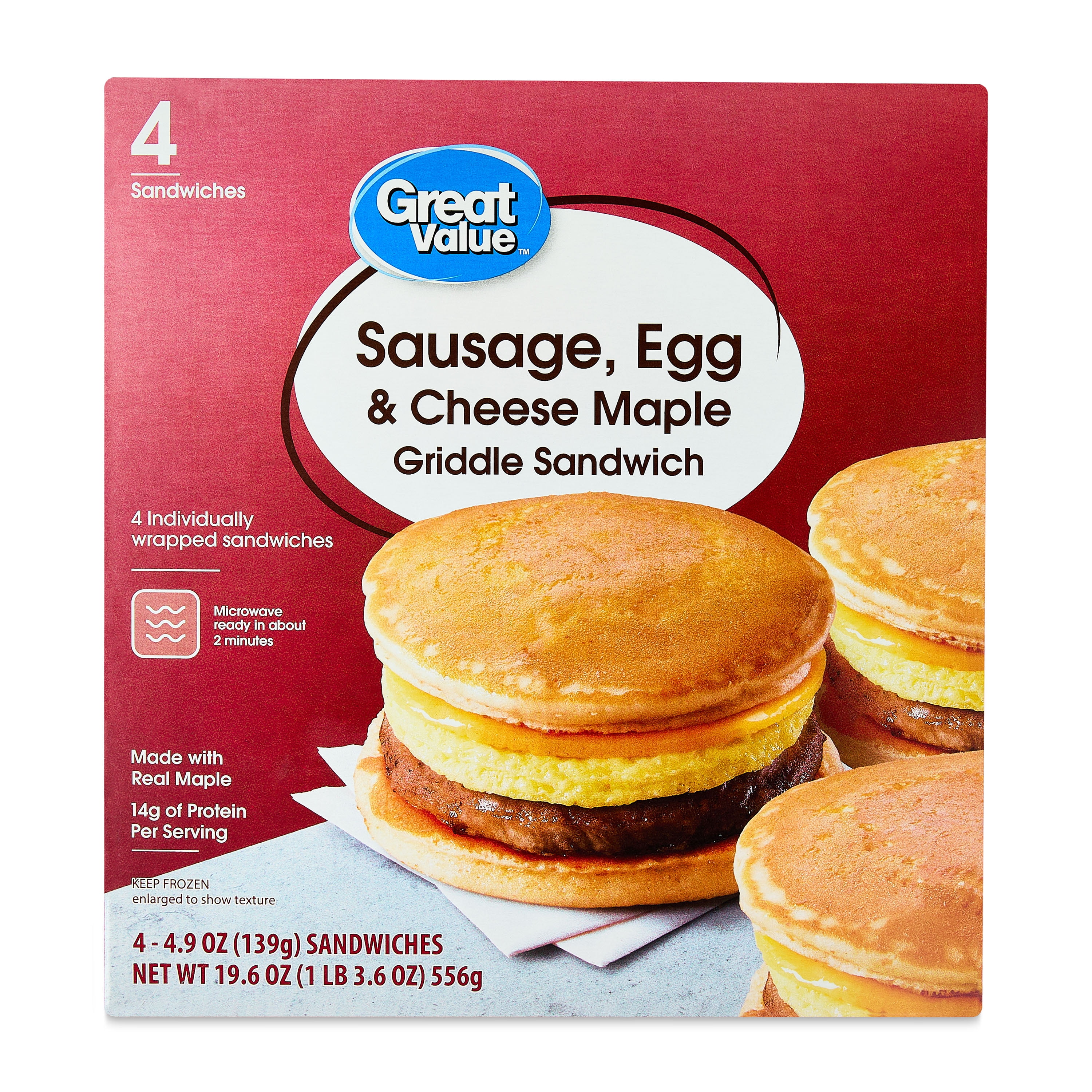 Great Value Sausage, Egg & Cheese Maple Griddle Sandwich, 4 Count, 19.6 oz