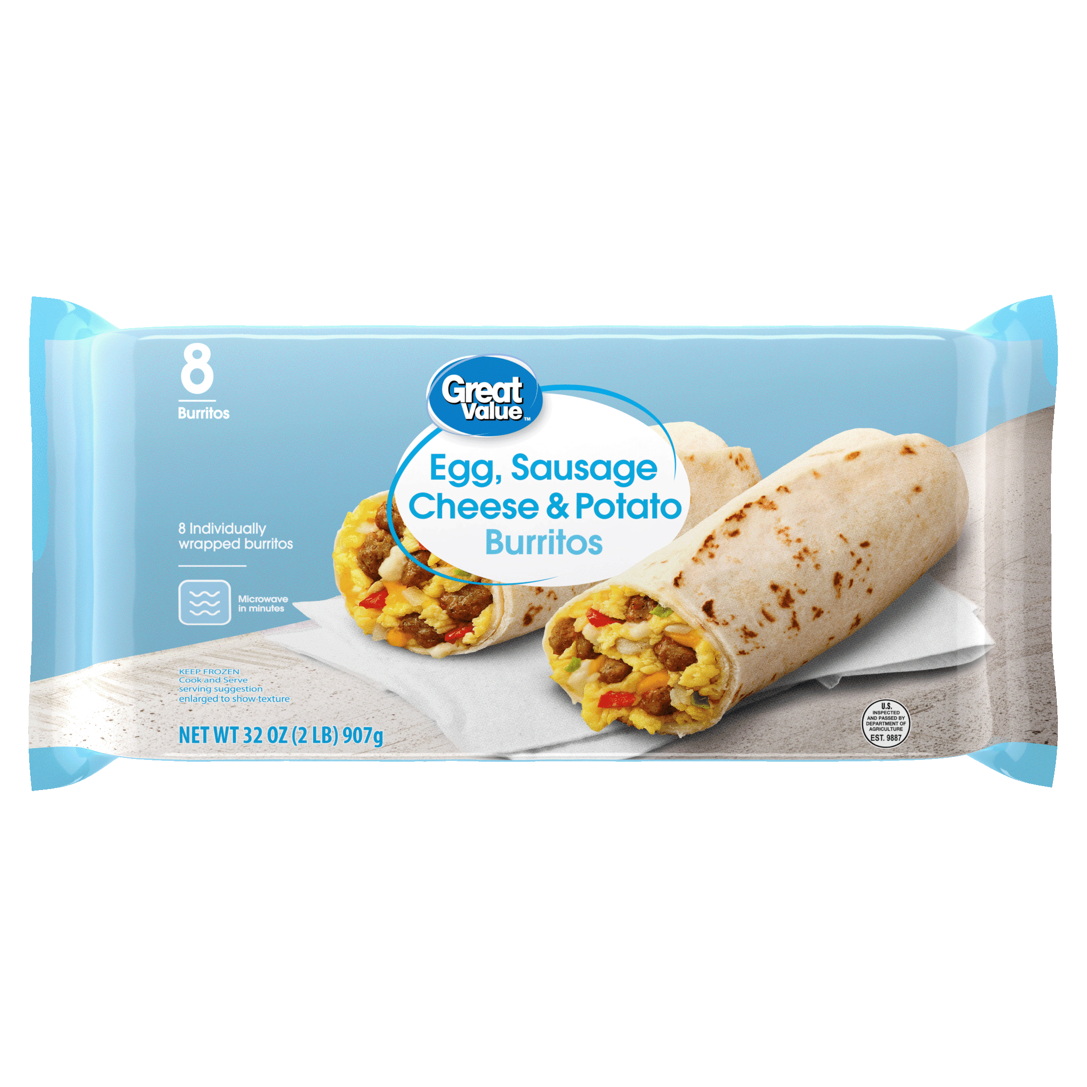 Great Value Sausage Egg and Cheese with Potatoes Breakfast Burritos, 32