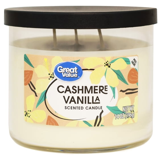 Great Value Cashmere Vanilla Scented Candle, 3 Wick, 14 oz