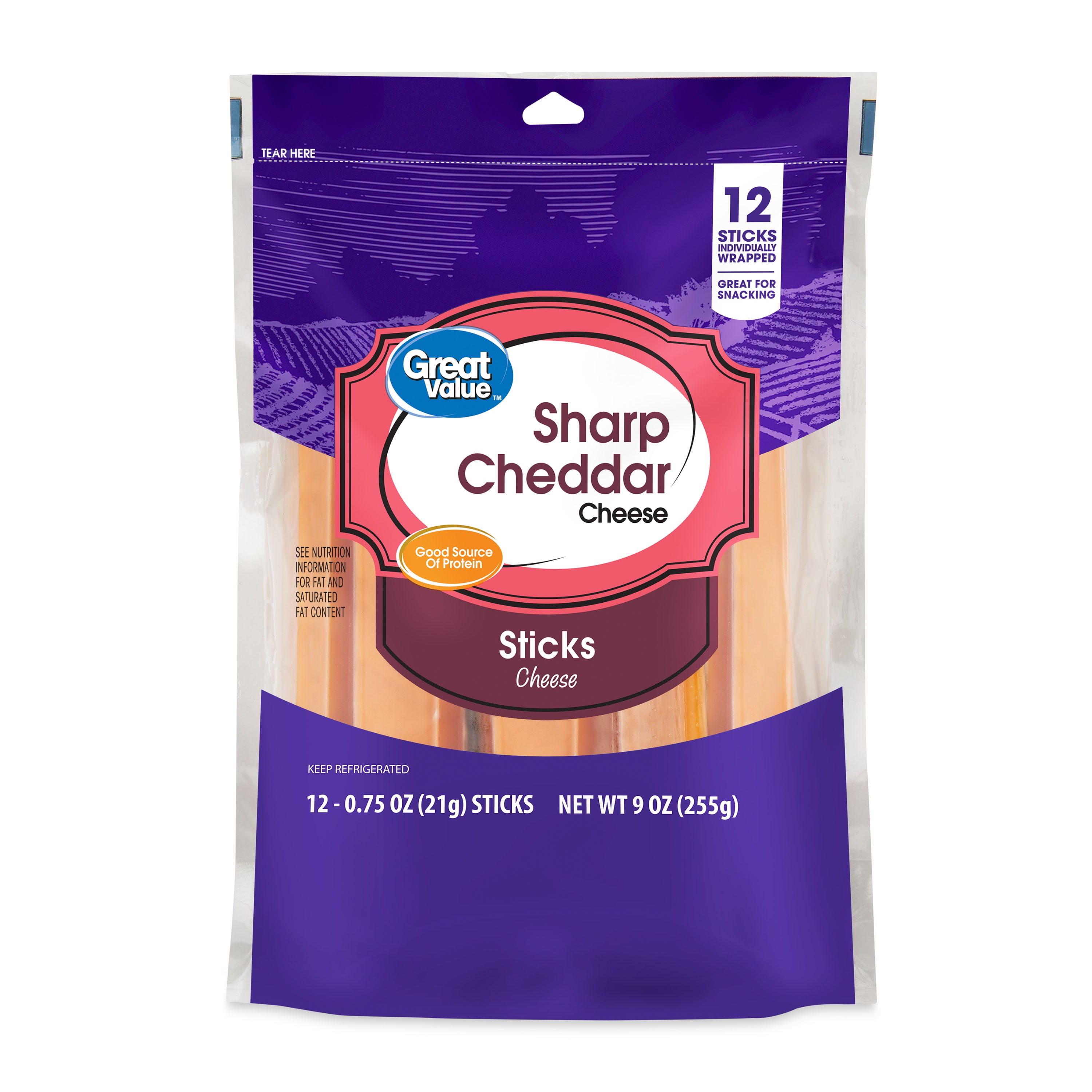 Great Value Sharp Cheddar Cheese Sticks, 9 oz, 12 Count
