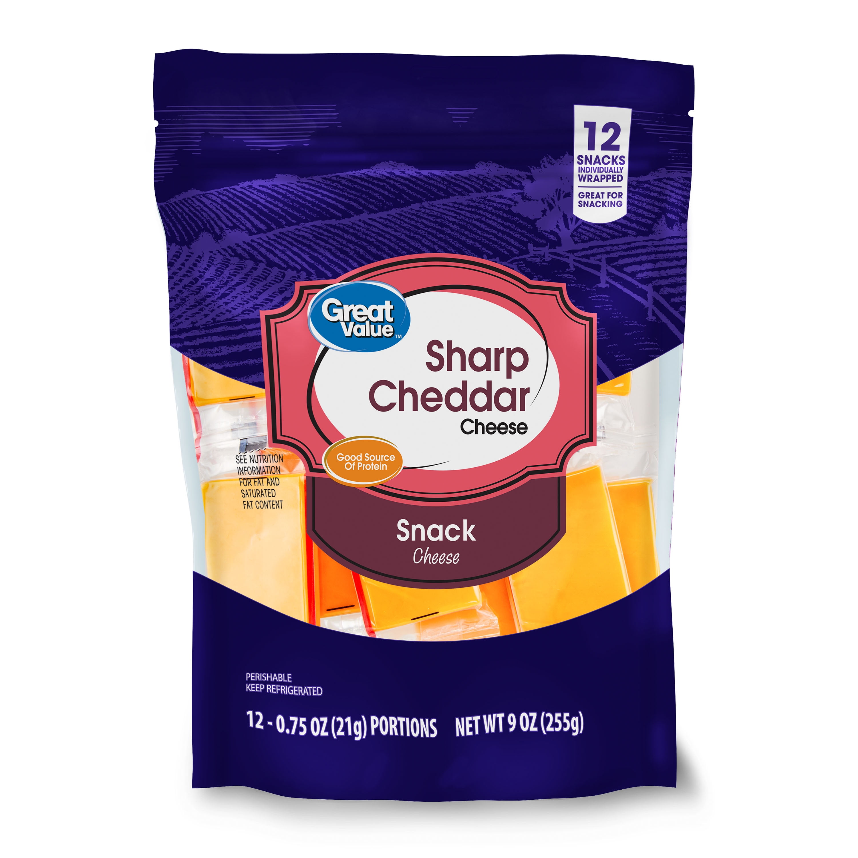 Great Value Sharp Cheddar Snack Cheese, 12 Slices