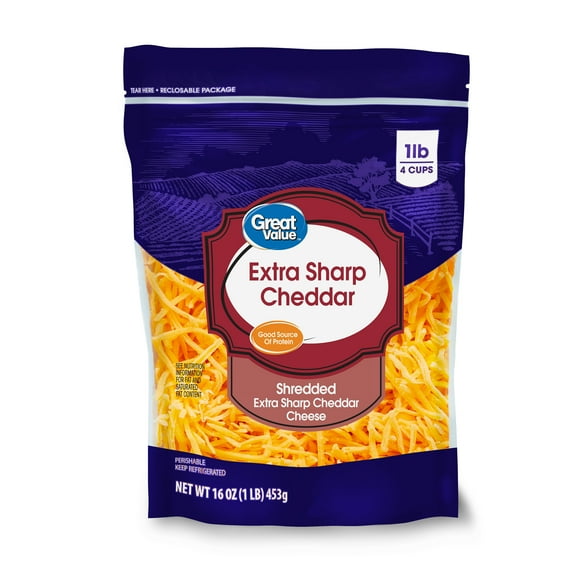 Great Value Extra Sharp Cheddar Shredded Cheese, 16 oz Bag