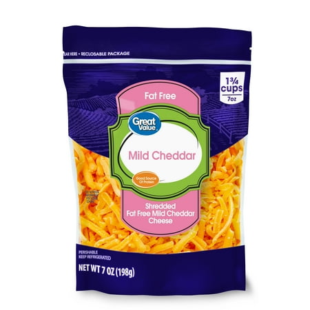 Great Value Mild Cheddar Fat Free Shredded Cheese, 7 oz Bag