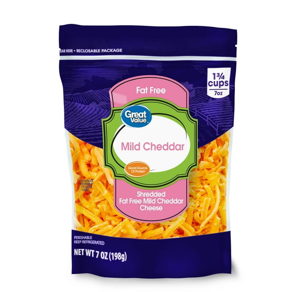 Great Value Mild Cheddar Fat-Free Shredded Cheese, 7 oz Bag