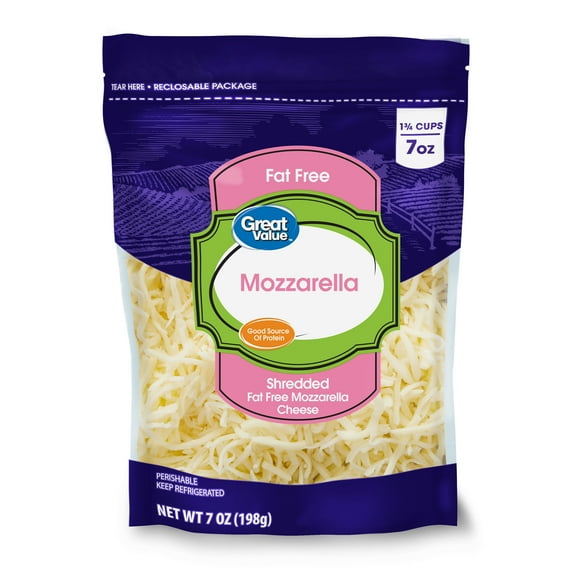 Great Value Fat-Free Mozzarella Shredded Cheese, 7 oz Bag