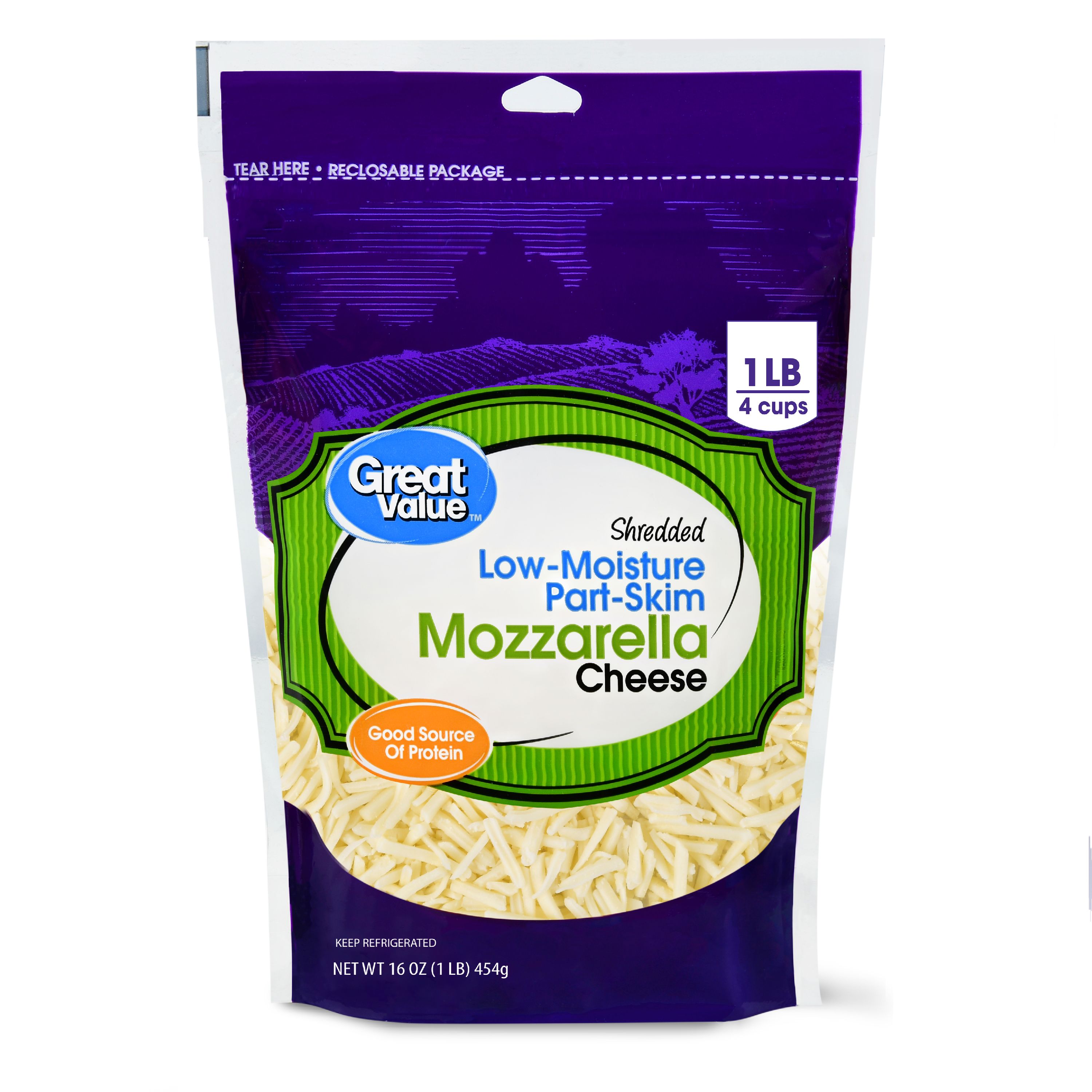 Great Value Shredded Low-Moisture Part-Skim Mozzarella Cheese, 16 oz (Plastic Bag) - image 1 of 9