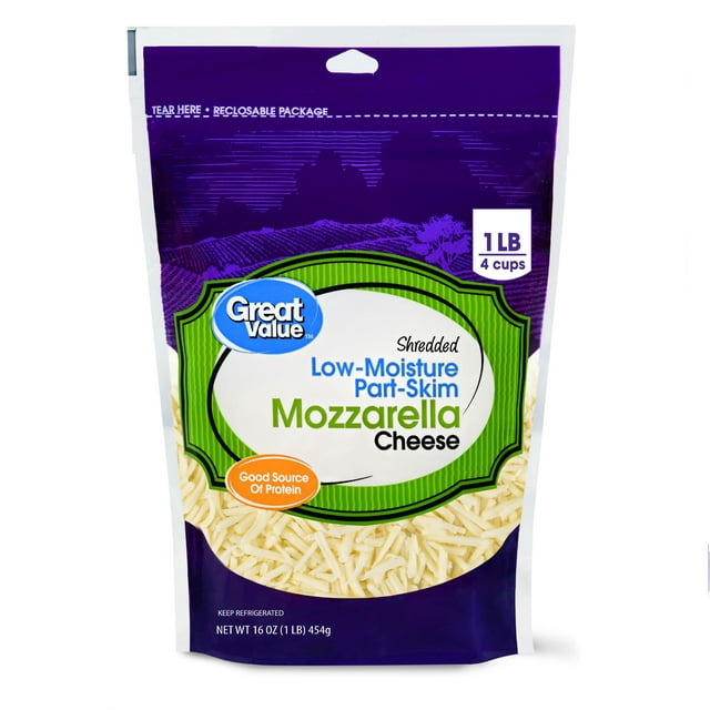 Great Value Shredded Low-Moisture Part-Skim Mozzarella Cheese, 16 oz (Plastic Bag)
