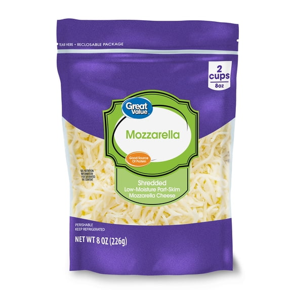 Great Value Low-Moisture Part-Skim Mozzarella Shredded Cheese, 8 oz Bag