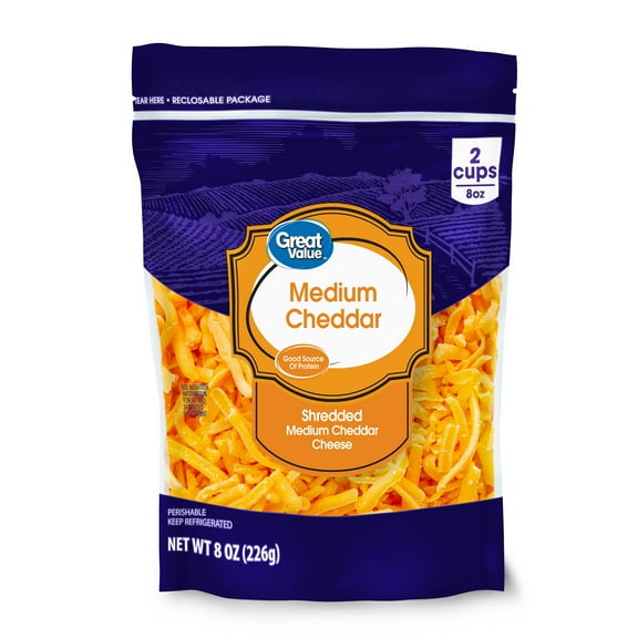 Great Value Medium Cheddar Shredded Cheese, 8 oz Bag