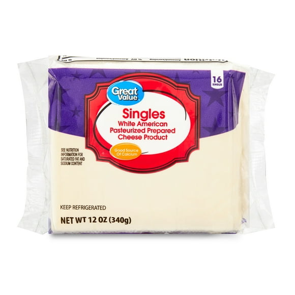 Great Value Singles White American Pasteurized Prepared Cheese Product, 12 oz, 16 Count