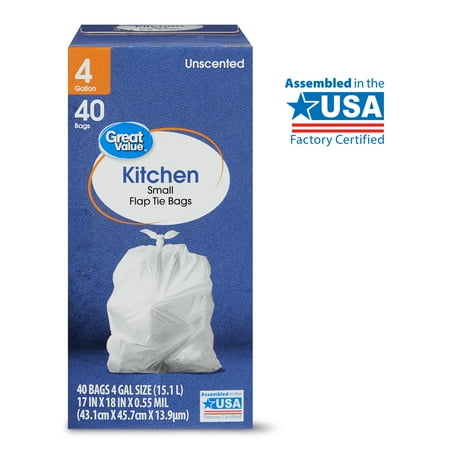 Great Value Small Flap Tie Kitchen Bags, 4 gal, Unscented, 40 Count