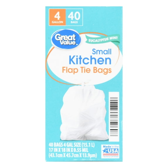 Great Value Small Flap Tie Trash Bags, Eucalyptus Mint Scent, 4 Gallon, 40 Bags