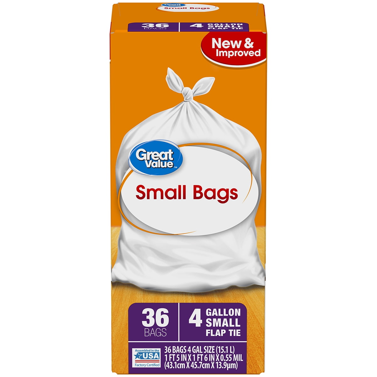 Great Value Small Kitchen Flap Tie Trash Bags, 4 Gallon, 36 Count