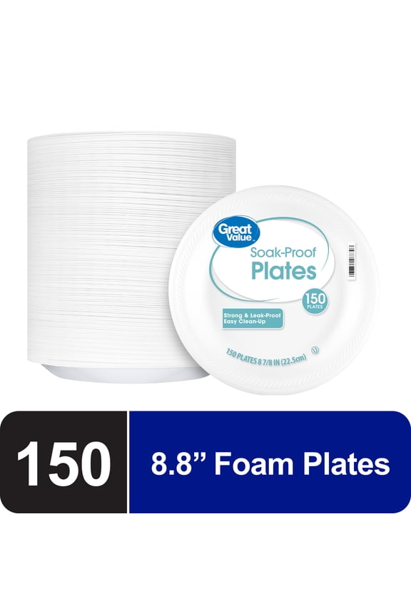 Soak Proof Foam Foam Plates, White, 8.8 in, 150 Count