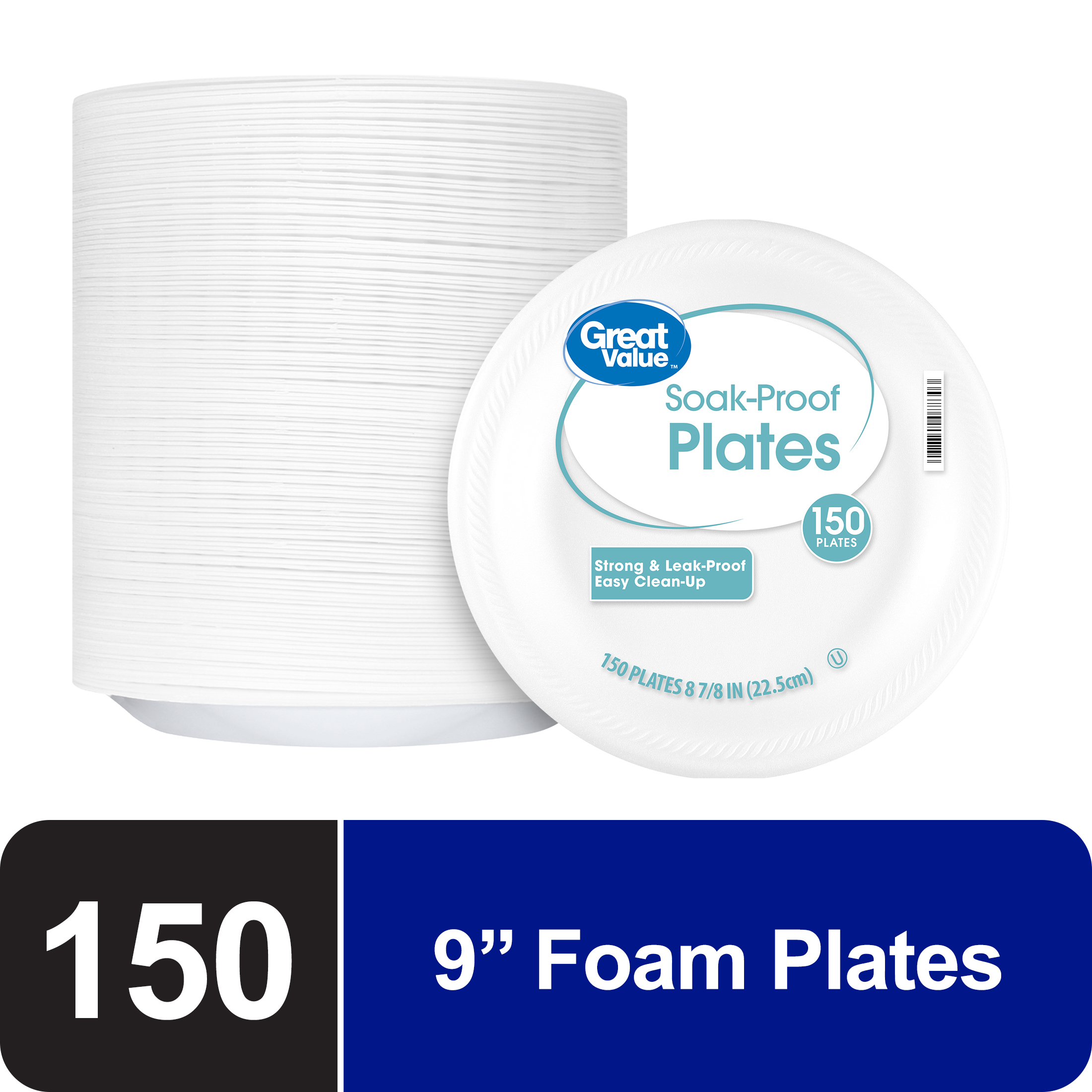 Great Value Soak Proof Foam Foam Plates, White, 9 in, 150 Count - image 1 of 9